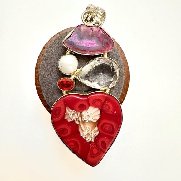 VTG Sterling Silver 925 Multi-Gemstone Glass Heart Pendant Size 3.25" Length - Picture 6 of 13